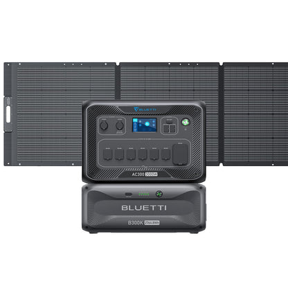 Bluetti portable power station with LiFePO₄ battery, control panel, display, and multiple outlets sits atop a B300 module with UPS protection, pictured before a foldable solar panel array.