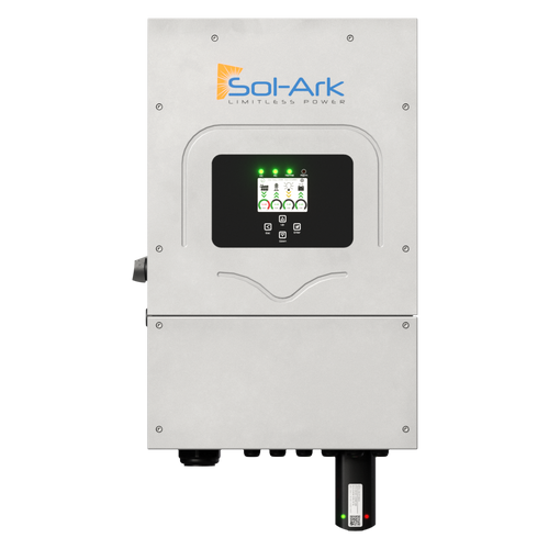A Sol-Ark 8K Hybrid Inverter by Sol-Ark is wall-mounted, with a display screen, indicator lights, and buttons. It displays the Sol-Ark logo and the slogan Limitless Power, ideal for efficient solar energy generation and battery storage.