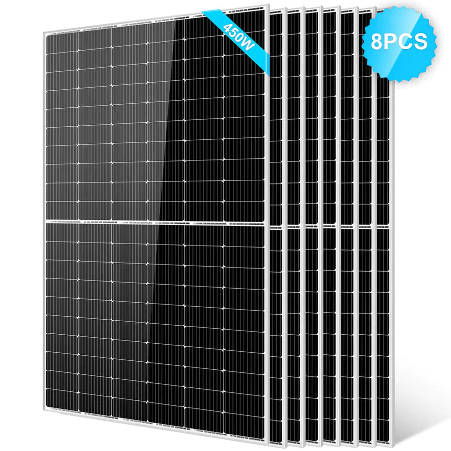 Eight Sungold Power 450W Monocrystalline PERC Solar Panels are shown upright in a row. A blue label on the top left reads “450W,” and a blue badge on the right displays “8 PCS.” Ideal for any off-grid system.