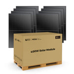 A large cardboard box labeled 400W Solar Module from Rich Solar sits on a wooden pallet in front of eight black Mono PERC solar panels—ideal for off-grid applications.