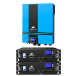 A blue Sungold Power pure sine wave solar inverter is mounted above two black SG48100P battery modules with digital displays, all from Sungold Power, designed for advanced solar energy systems.