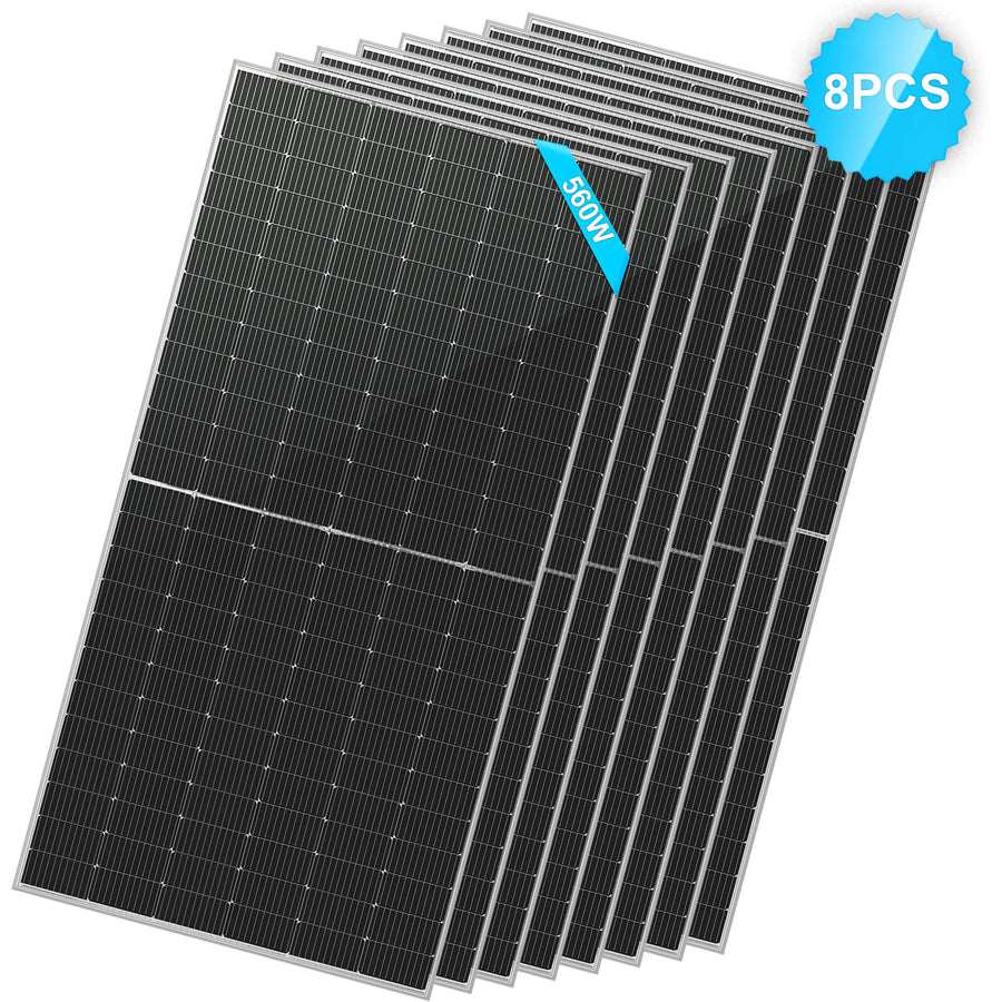 A stack of eight Sungold Power black solar panels, energy-efficient, with a blue label marked 8PCS and another showing 195W on the top panel.