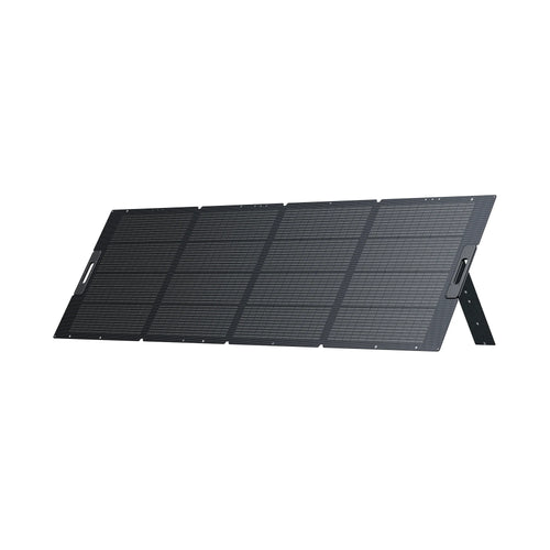 The Bluetti PV350 is a portable, foldable solar panel with four rectangular sections and a built-in kickstand, shown on a white background—an ideal on-the-go power solution from Bluetti.