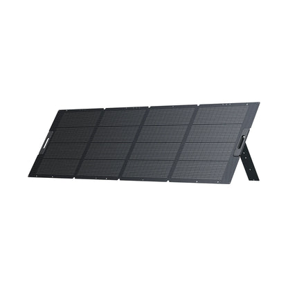 The Bluetti PV350 is a portable, foldable solar panel with four rectangular sections and a built-in kickstand, shown on a white background—an ideal on-the-go power solution from Bluetti.