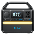 The Anker 522 Portable Power Station offers LiFePO4 batteries, a handle, digital display, two AC outlets, multiple USB-C ports, a car socket, and a convenient yellow LED light bar on the front.