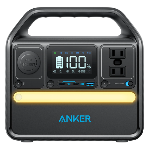 The Anker 522 Portable Power Station offers LiFePO4 batteries, a handle, digital display, two AC outlets, multiple USB-C ports, a car socket, and a convenient yellow LED light bar on the front.