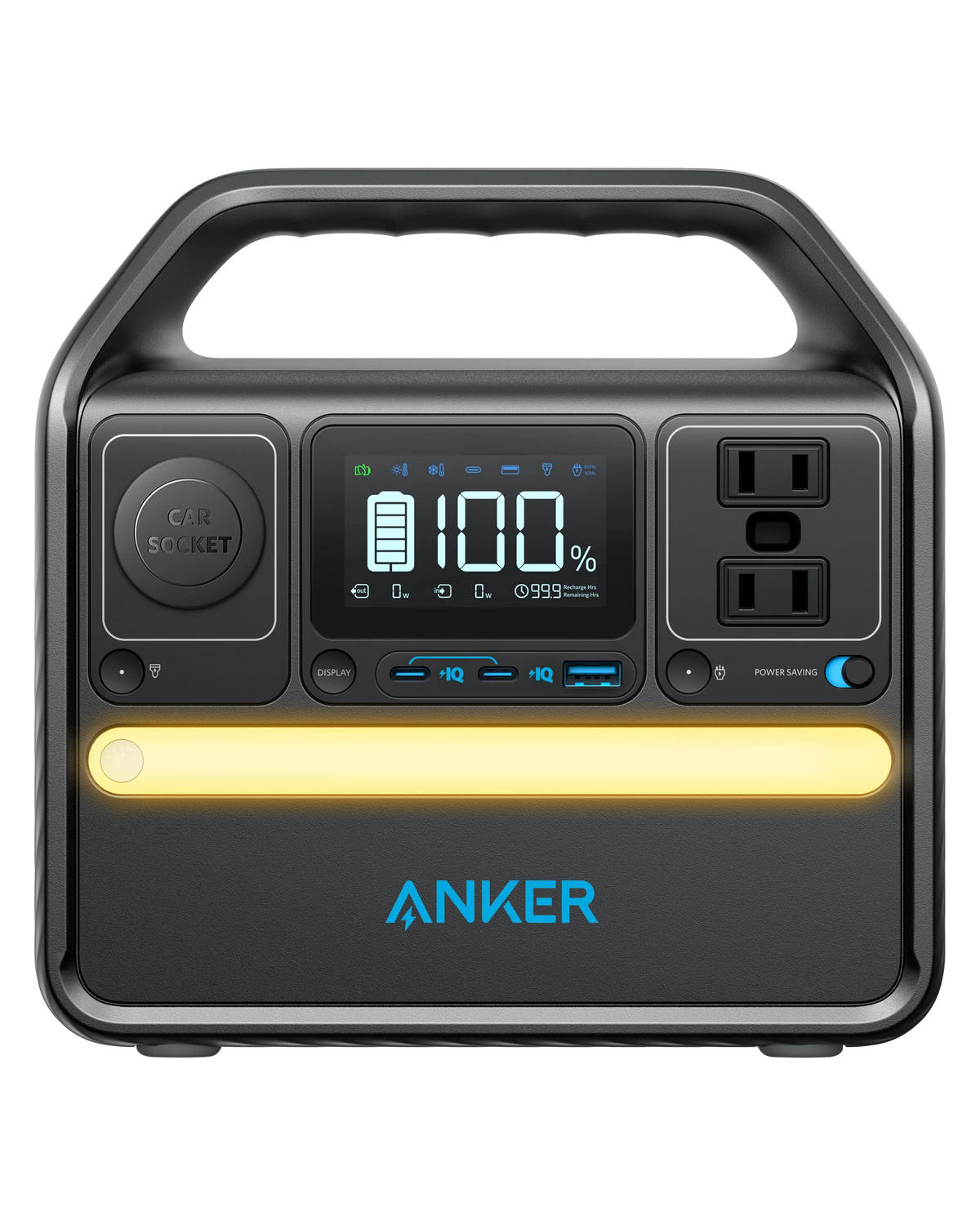 The Anker 522 Portable Power Station offers LiFePO4 batteries, a handle, digital display, two AC outlets, multiple USB-C ports, a car socket, and a convenient yellow LED light bar on the front.