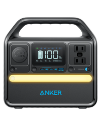 The Anker 522 Portable Power Station offers LiFePO4 batteries, a handle, digital display, two AC outlets, multiple USB-C ports, a car socket, and a convenient yellow LED light bar on the front.