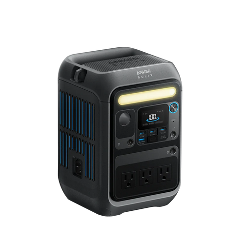The Anker Solix is a portable black and gray 288Wh power station featuring multiple power outlets, USB ports, a digital display, top handle, and smart app control for easy monitoring.
