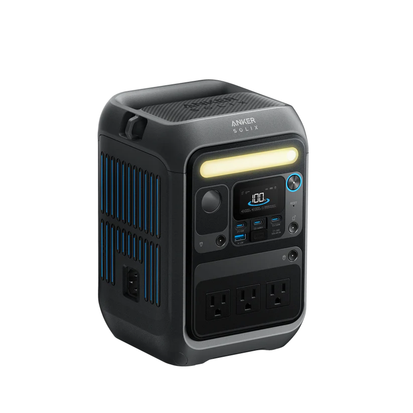 The Anker Solix is a portable black and gray 288Wh power station featuring multiple power outlets, USB ports, a digital display, top handle, and smart app control for easy monitoring.