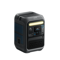 The Anker Solix is a portable black and gray 288Wh power station featuring multiple power outlets, USB ports, a digital display, top handle, and smart app control for easy monitoring.
