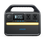 The Anker portable power station features durable LiFePO4 batteries, a handle, digital display, three AC outlets, car socket, multiple USB ports, and a yellow LED front light strip—offering reliable energy you can recharge anywhere.