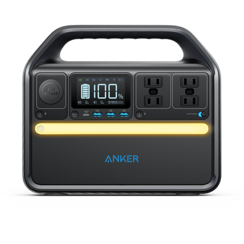 The Anker portable power station features durable LiFePO4 batteries, a handle, digital display, three AC outlets, car socket, multiple USB ports, and a yellow LED front light strip—offering reliable energy you can recharge anywhere.