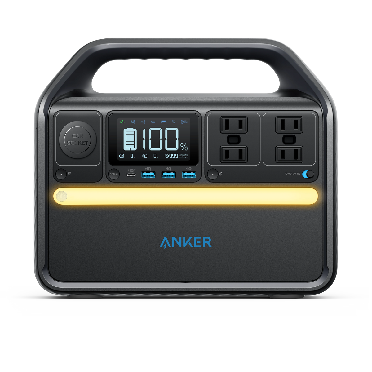 The Anker portable power station features durable LiFePO4 batteries, a handle, digital display, three AC outlets, car socket, multiple USB ports, and a yellow LED front light strip—offering reliable energy you can recharge anywhere.