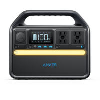 The Anker portable power station features durable LiFePO4 batteries, a handle, digital display, three AC outlets, car socket, multiple USB ports, and a yellow LED front light strip—offering reliable energy you can recharge anywhere.