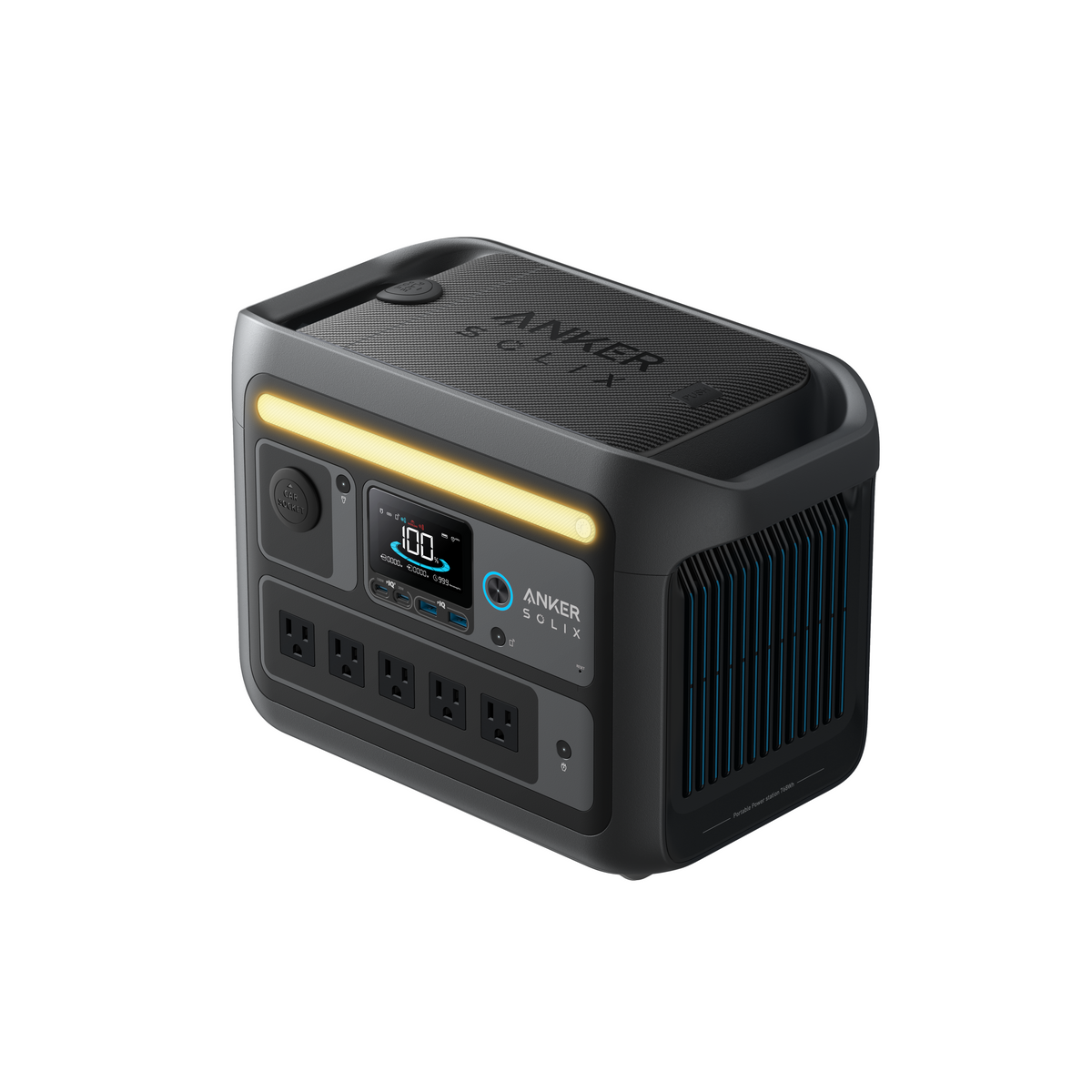 Anker SOLIX portable power station featuring a digital display, multiple outlets, durable LiFePO4 batteries, built-in handle, and front yellow LED camping light strip, displayed on a white background.