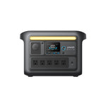 Front view of the Anker power station with display, power button, multiple charging ports, four AC outlets, and a yellow top handle—perfect for camping gear and devices with reliable LiFePO4 batteries.