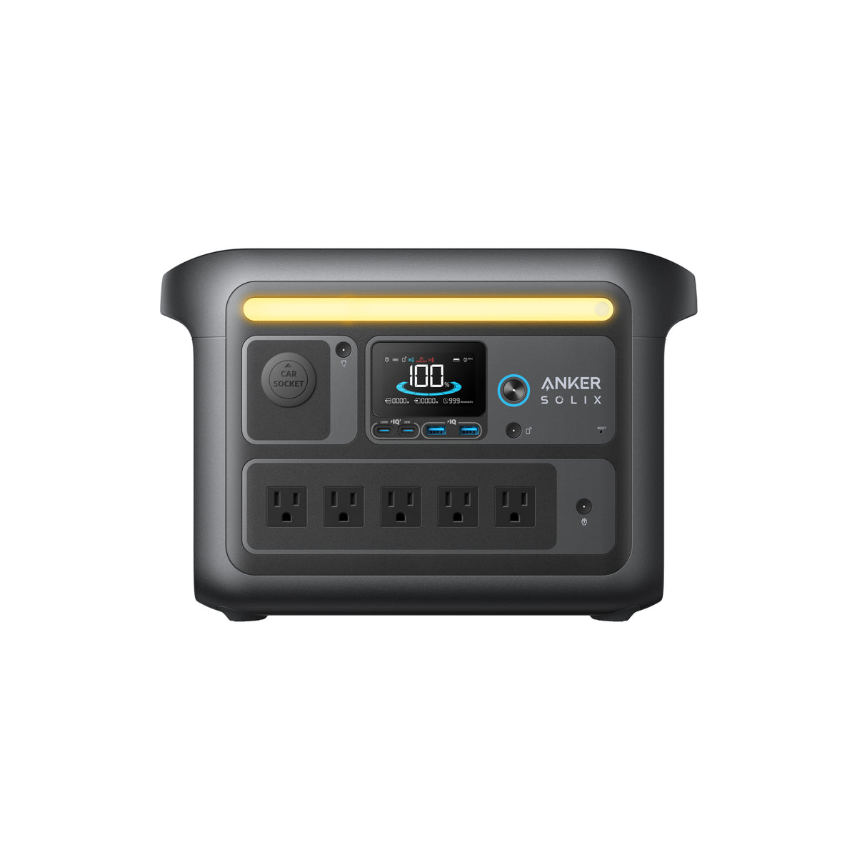 Front view of the Anker power station with display, power button, multiple charging ports, four AC outlets, and a yellow top handle—perfect for camping gear and devices with reliable LiFePO4 batteries.