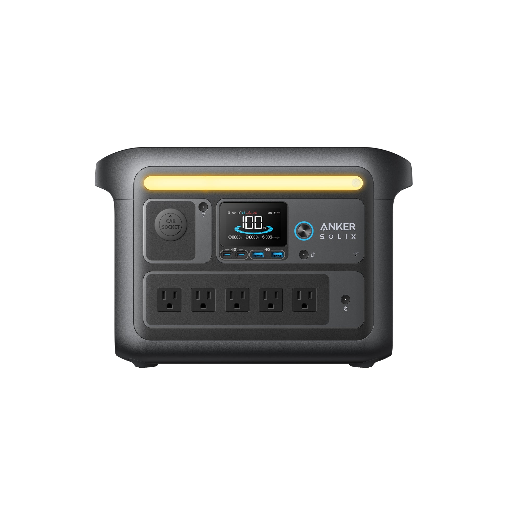 Front view of the Anker power station with display, power button, multiple charging ports, four AC outlets, and a yellow top handle—perfect for camping gear and devices with reliable LiFePO4 batteries.