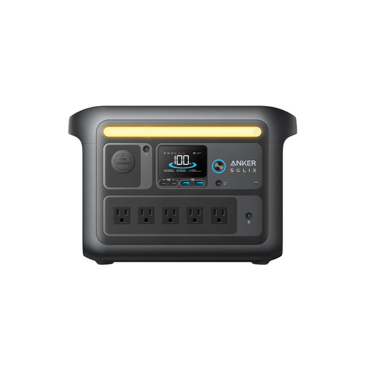 Front view of the Anker power station with display, power button, multiple charging ports, four AC outlets, and a yellow top handle—perfect for camping gear and devices with reliable LiFePO4 batteries.
