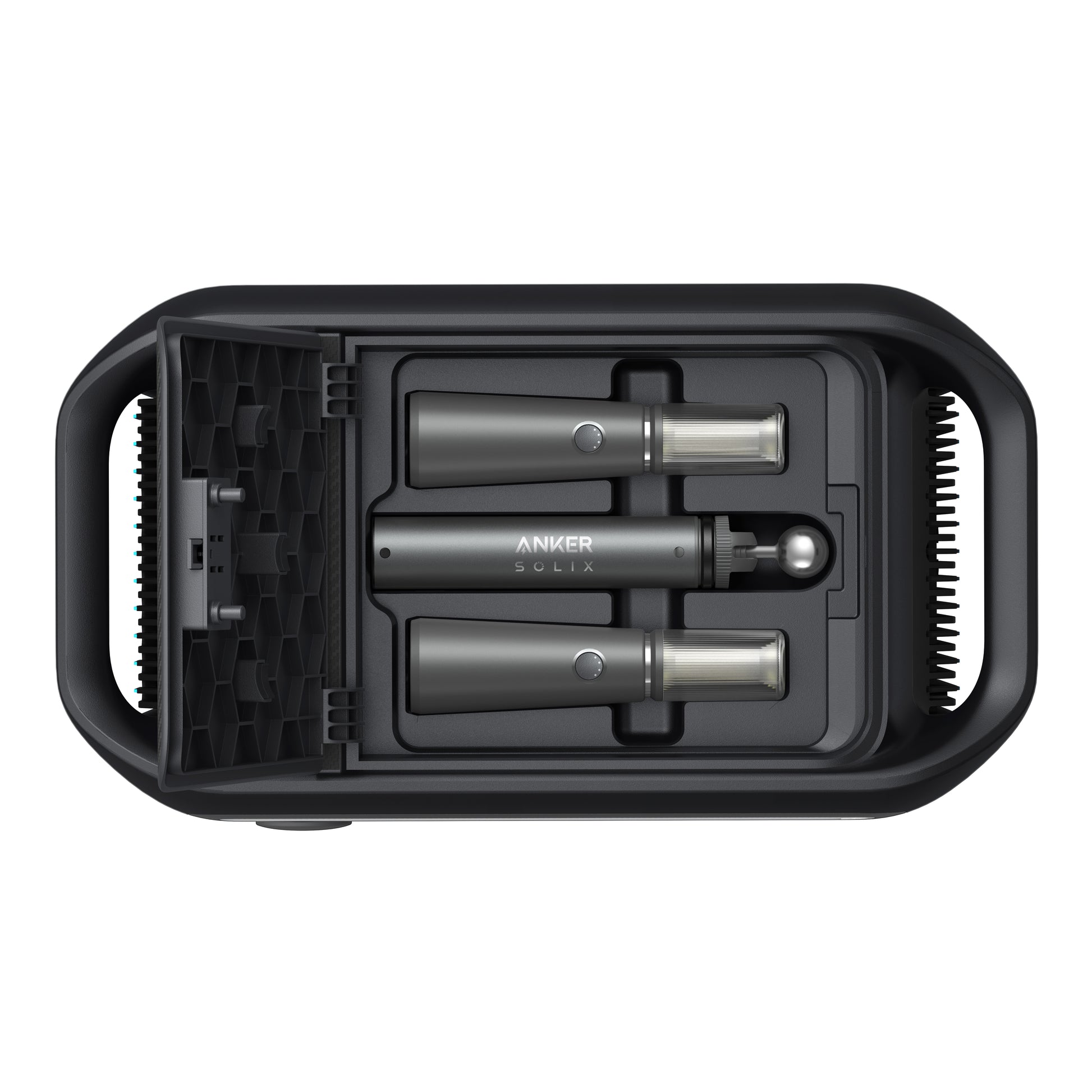 Top-down view of a black Anker case for the Solix power station, holding two cylindrical tools with metallic ends and an accessory, all neatly fitted in custom slots.