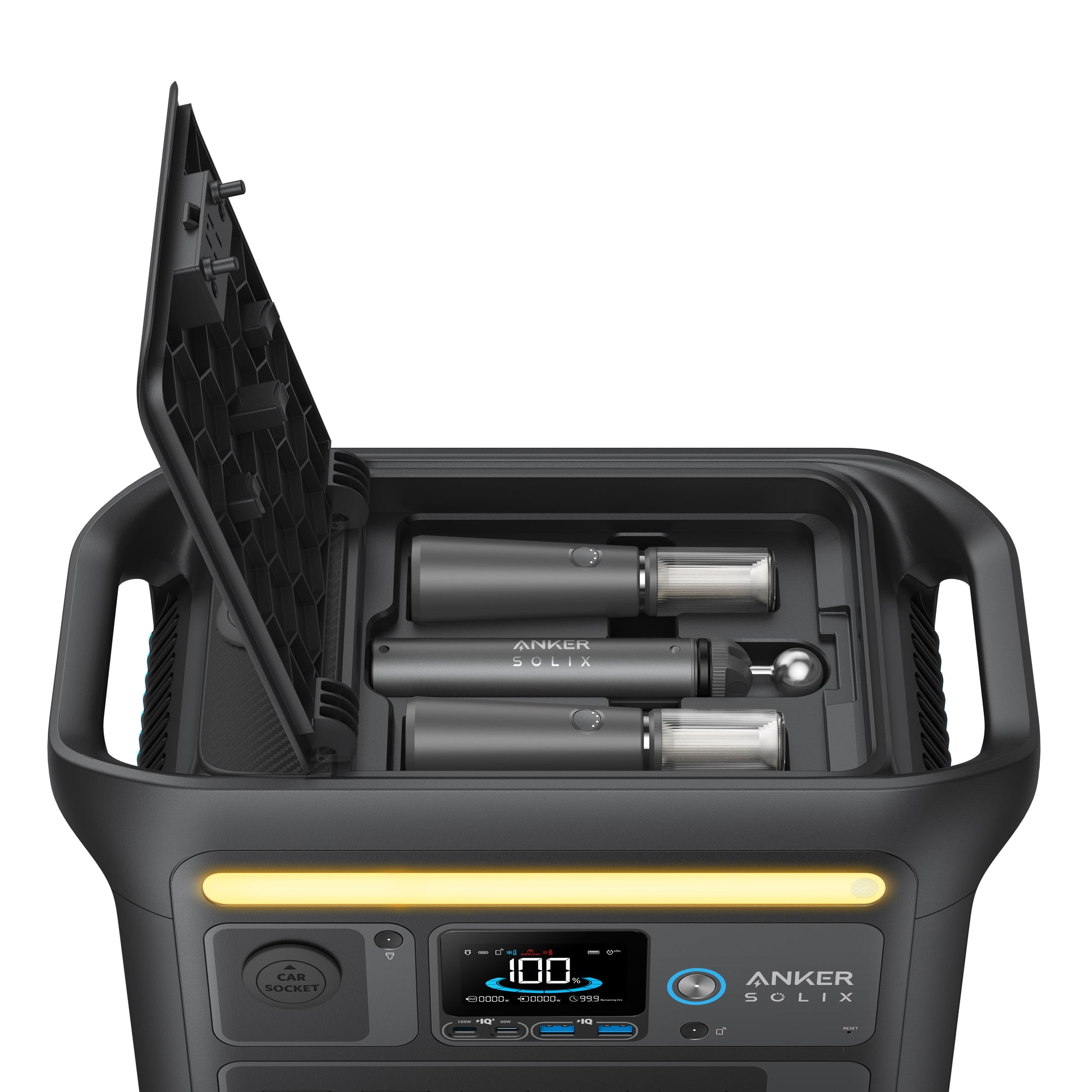 An Anker Solix power station in black with its top open displays two LiFePO4 batteries and charging slots, ideal for powering camping lights. The front panel features multiple ports, settings, and a digital display.