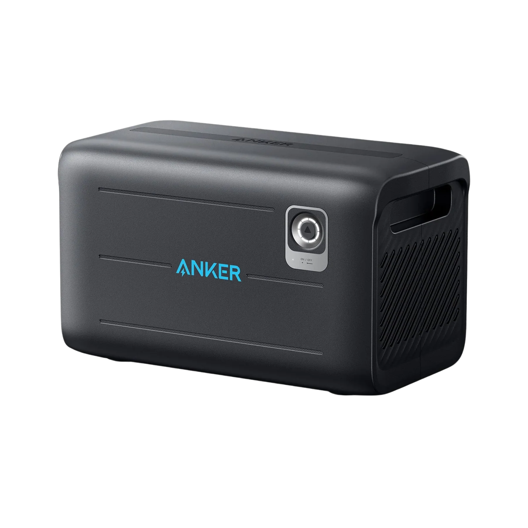 Anker’s black portable power station features a blue Anker logo on the front, a side handle, front power outlet, and solar input, providing convenient home backup power.