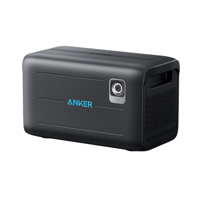 Anker’s black portable power station features a blue Anker logo on the front, a side handle, front power outlet, and solar input, providing convenient home backup power.