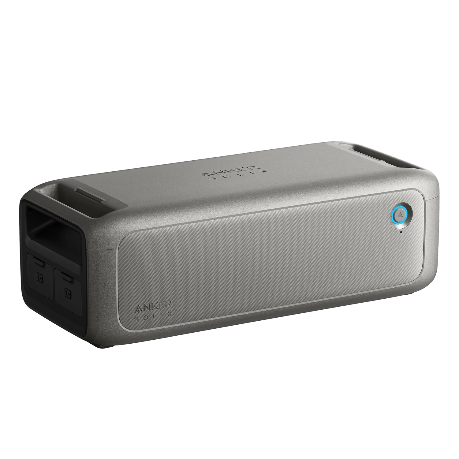A portable rectangular gray Anker Bluetooth speaker with a mesh front, power button, dual side ports, and textured finish—perfect for off-grid or emergency audio use.