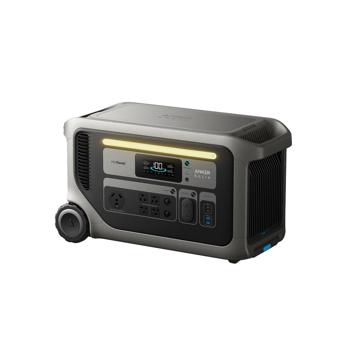 The Anker portable solar generator features a LiFePO₄ battery, digital display, multiple outlets, and a transport wheel—perfect for reliable off-grid power. Shown against a white background.