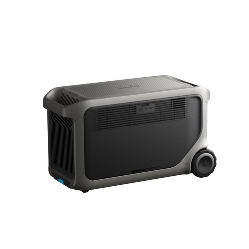 The Anker portable power station features a rectangular dark body, LiFePO₄ battery, side vents, front control buttons, and two large wheels on one end for easy off-grid power and transport.