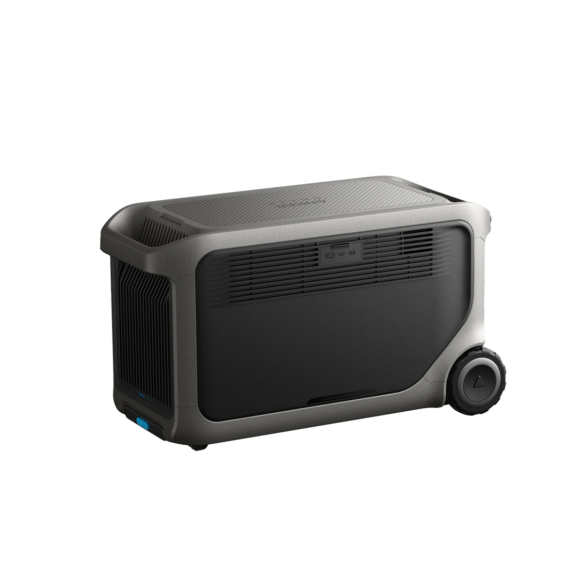 The Anker portable power station features a rectangular dark body, LiFePO₄ battery, side vents, front control buttons, and two large wheels on one end for easy off-grid power and transport.