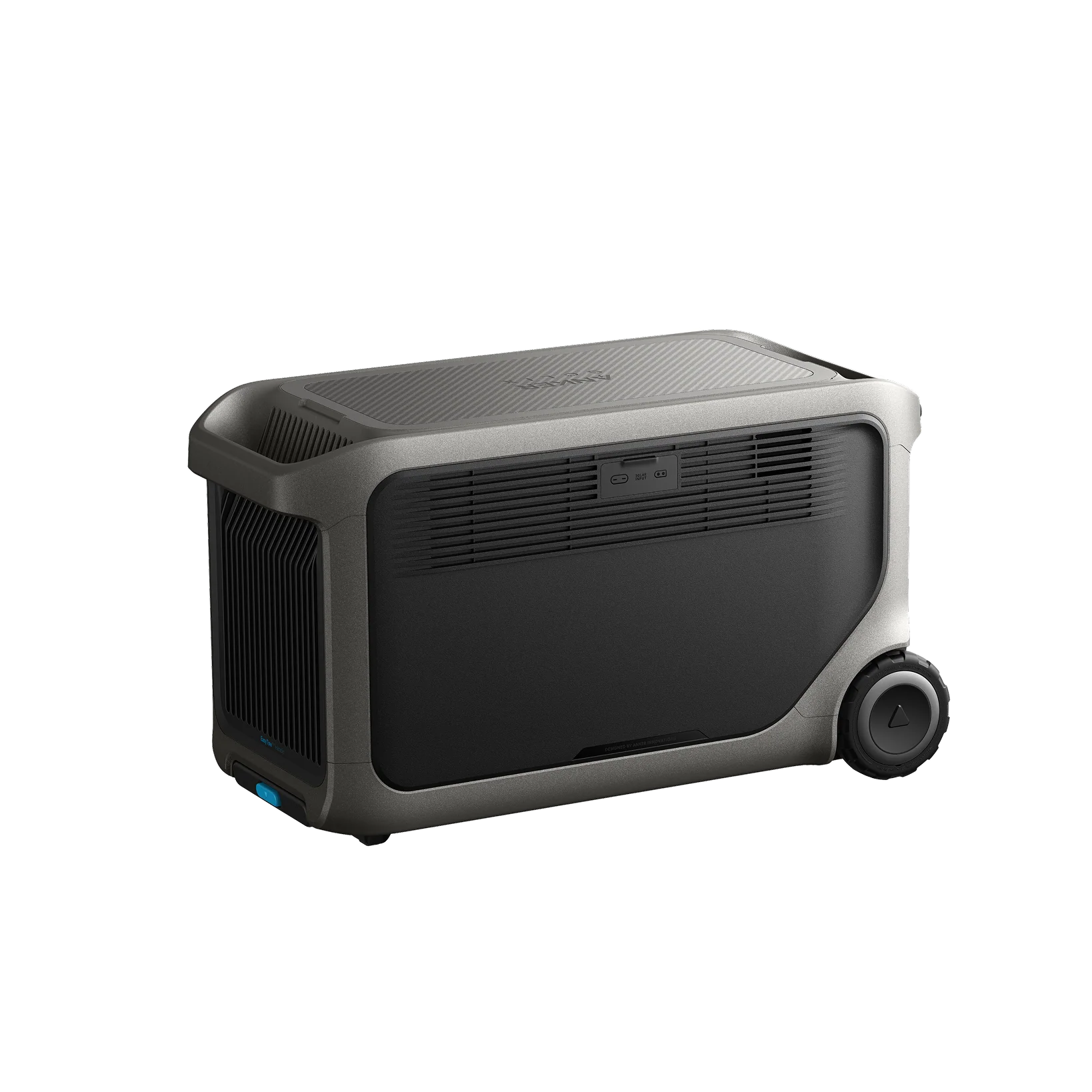 The Anker portable power station features a rectangular dark body, LiFePO₄ battery, side vents, front control buttons, and two large wheels on one end for easy off-grid power and transport.