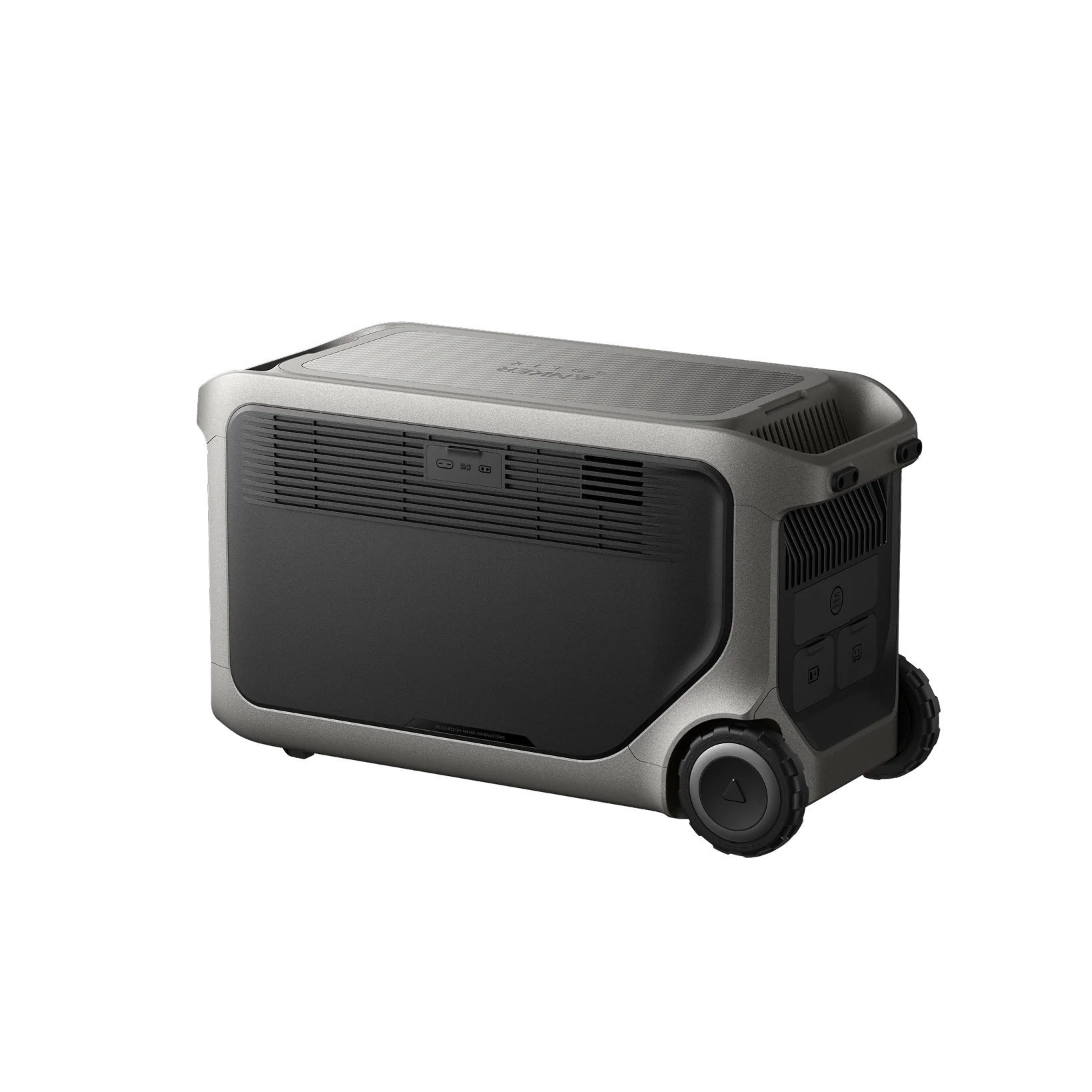 The Anker portable power station features a sleek rectangular design with built-in wheels, a handle, front ventilation grilles and ports. Its LiFePO₄ battery ensures reliable off-grid power, with control buttons located on the side panel.