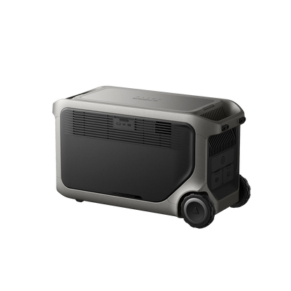 The Anker portable power station features a sleek rectangular design with built-in wheels, a handle, front ventilation grilles and ports. Its LiFePO₄ battery ensures reliable off-grid power, with control buttons located on the side panel.