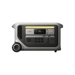 An Anker portable power station with a LiFePO₄ battery features a display, control buttons, multiple outlets, and wheels for easy transport, shown on a black background.