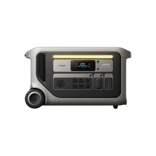 An Anker portable power station with a LiFePO₄ battery features a display, control buttons, multiple outlets, and wheels for easy transport, shown on a black background.