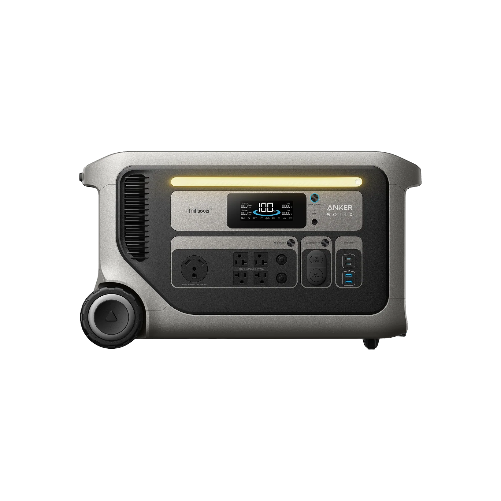 An Anker portable power station with a LiFePO₄ battery features a display, control buttons, multiple outlets, and wheels for easy transport, shown on a black background.