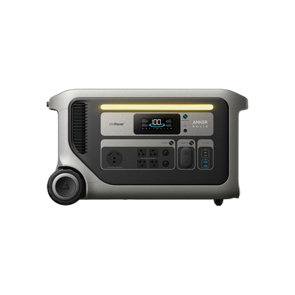 An Anker portable power station with a LiFePO₄ battery features a display, control buttons, multiple outlets, and wheels for easy transport, shown on a black background.