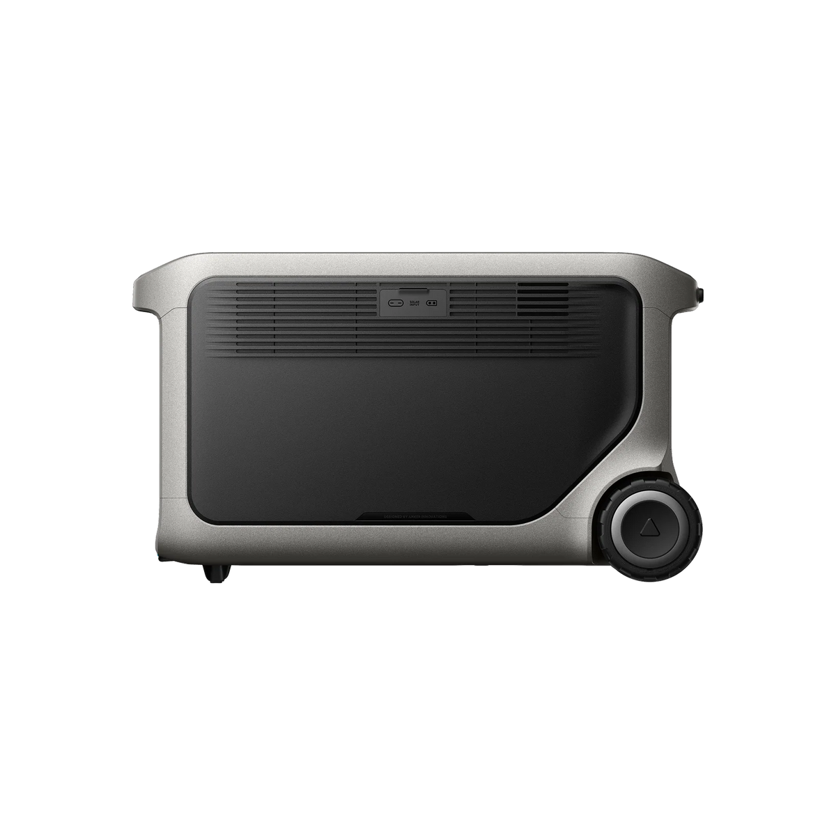 The Anker portable power station features a large, rectangular metallic body with a black front panel, side ventilation grilles, and a single big wheel—equipped with LiFePO₄ battery, its perfect for off-grid power needs.