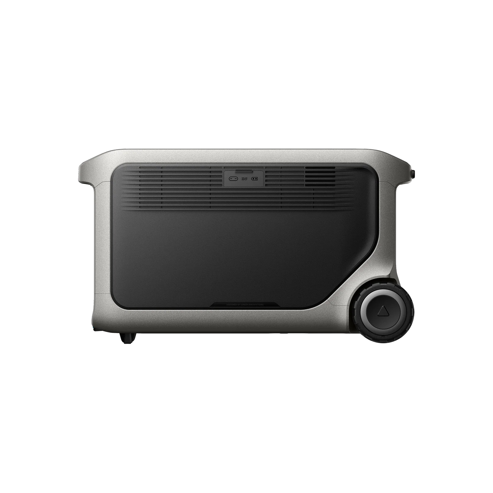 The Anker portable power station features a large, rectangular metallic body with a black front panel, side ventilation grilles, and a single big wheel—equipped with LiFePO₄ battery, its perfect for off-grid power needs.