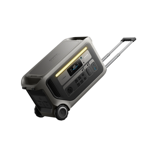 The Anker portable power station features wheels, a retractable handle, a LiFePO₄ battery, multiple outlets, a digital display, and front control buttons—perfect for reliable off-grid power.
