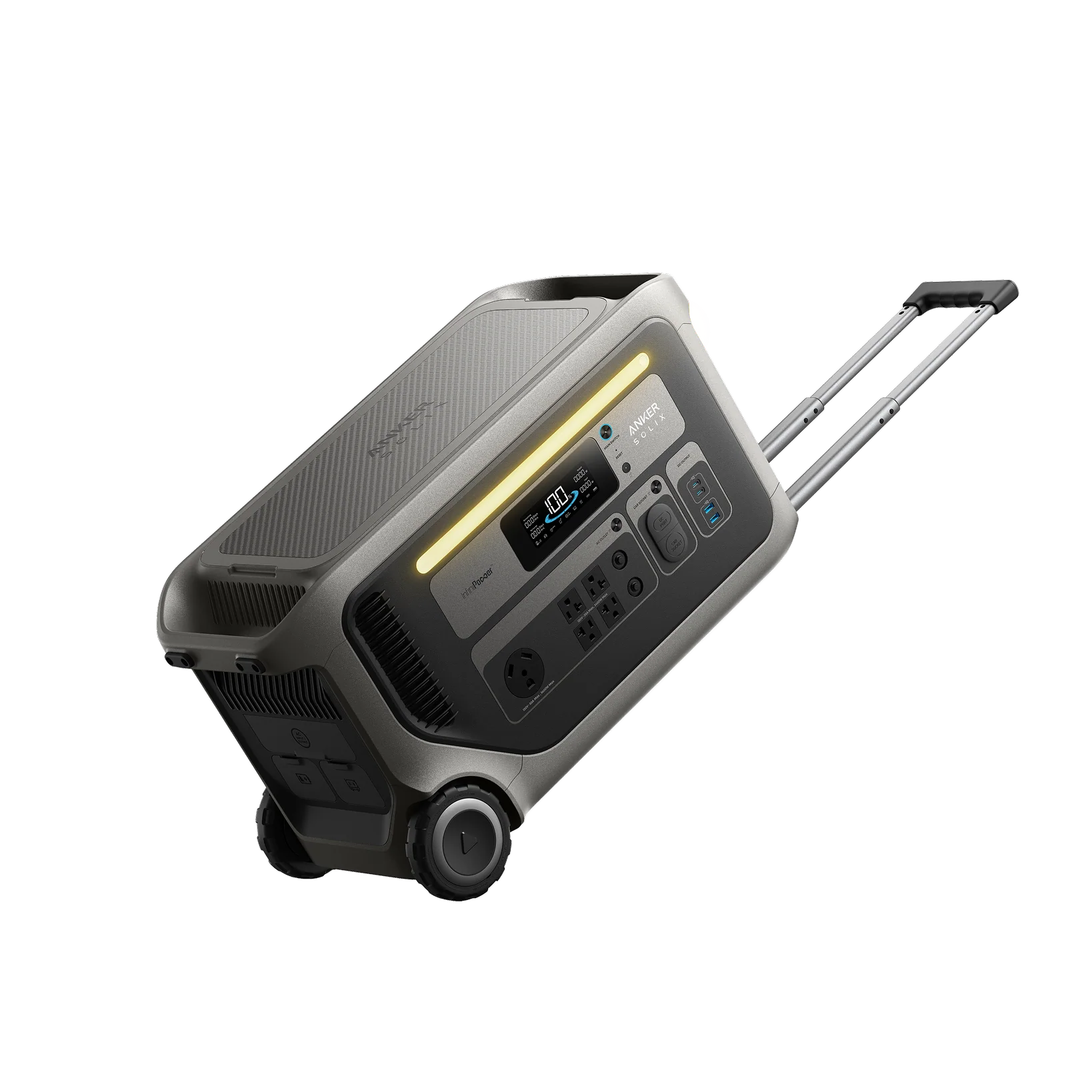 The Anker portable power station features wheels, a retractable handle, a LiFePO₄ battery, multiple outlets, a digital display, and front control buttons—perfect for reliable off-grid power.