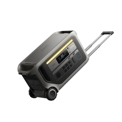 The Anker portable power station features wheels, a retractable handle, a LiFePO₄ battery, multiple outlets, a digital display, and front control buttons—perfect for reliable off-grid power.