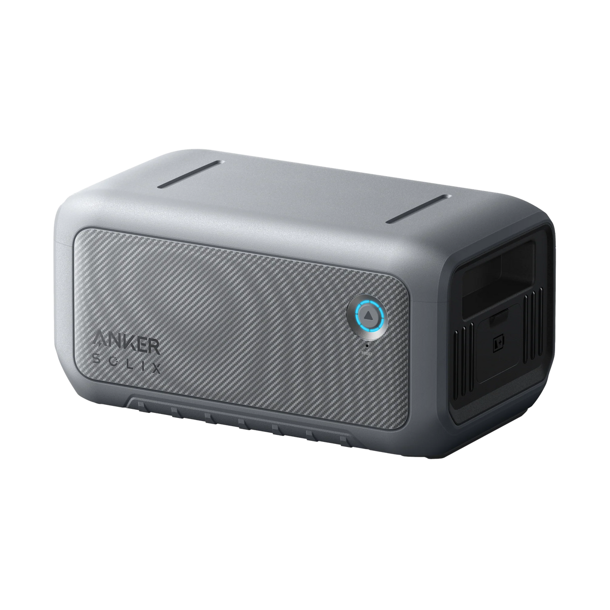 A rectangular Anker SOLIX C2000 Gen 2 portable power station with a gray textured surface, a blue power button, vented sides, and multiple input/output ports is photographed against a plain white background.