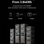 Stacked Anker SOLIX F3800 battery units shown with text: Massive Capacity From 3.84kWh. Expand up to 53.8kWh with extra units and 12 batteries, including options like 840Wh for versatile power by Anker.