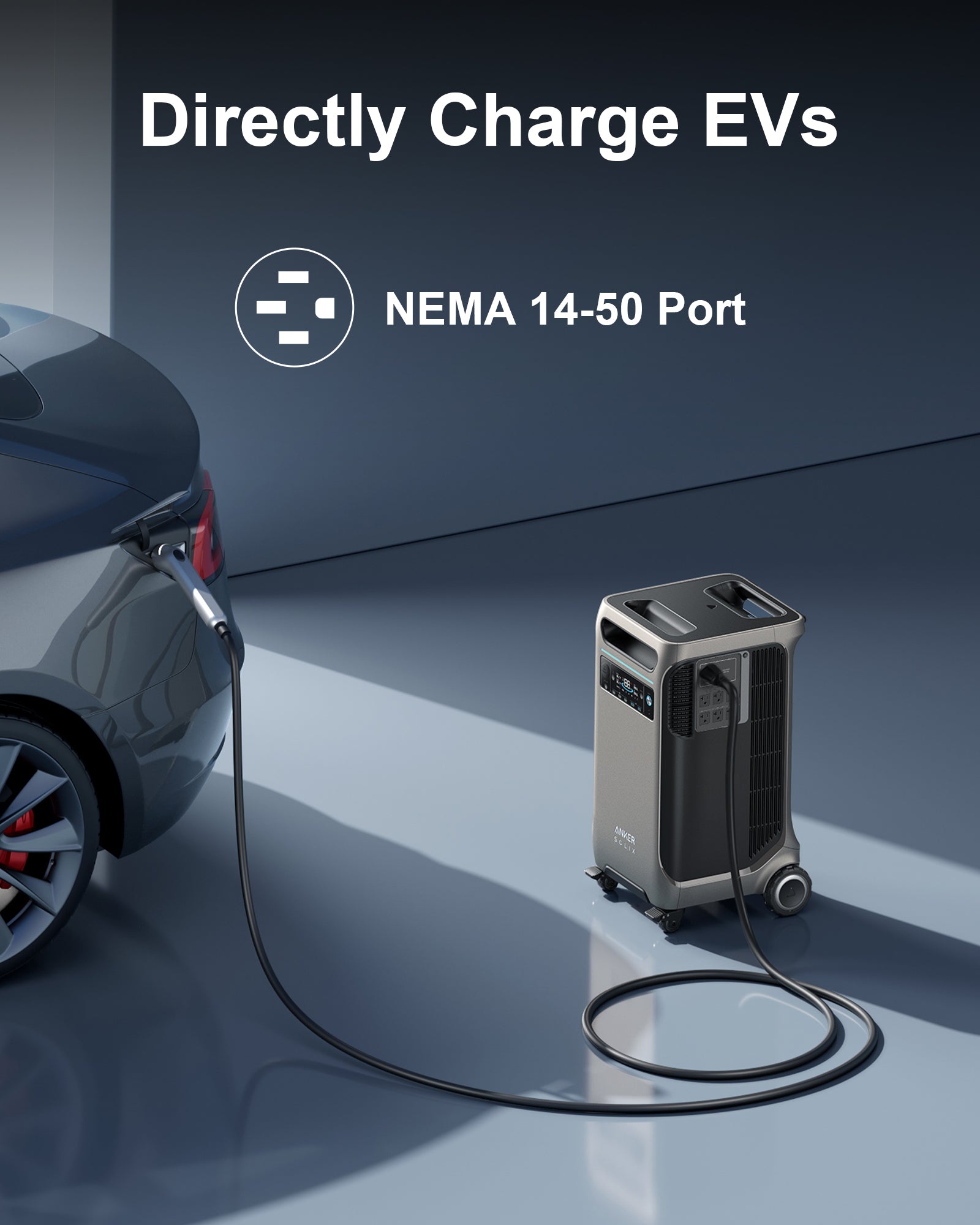 An Anker portable charging station with an 840Wh LFP battery connects to a nearby electric vehicle. The image displays the text “Directly Charge EVs” and highlights its NEMA 14-50 port.