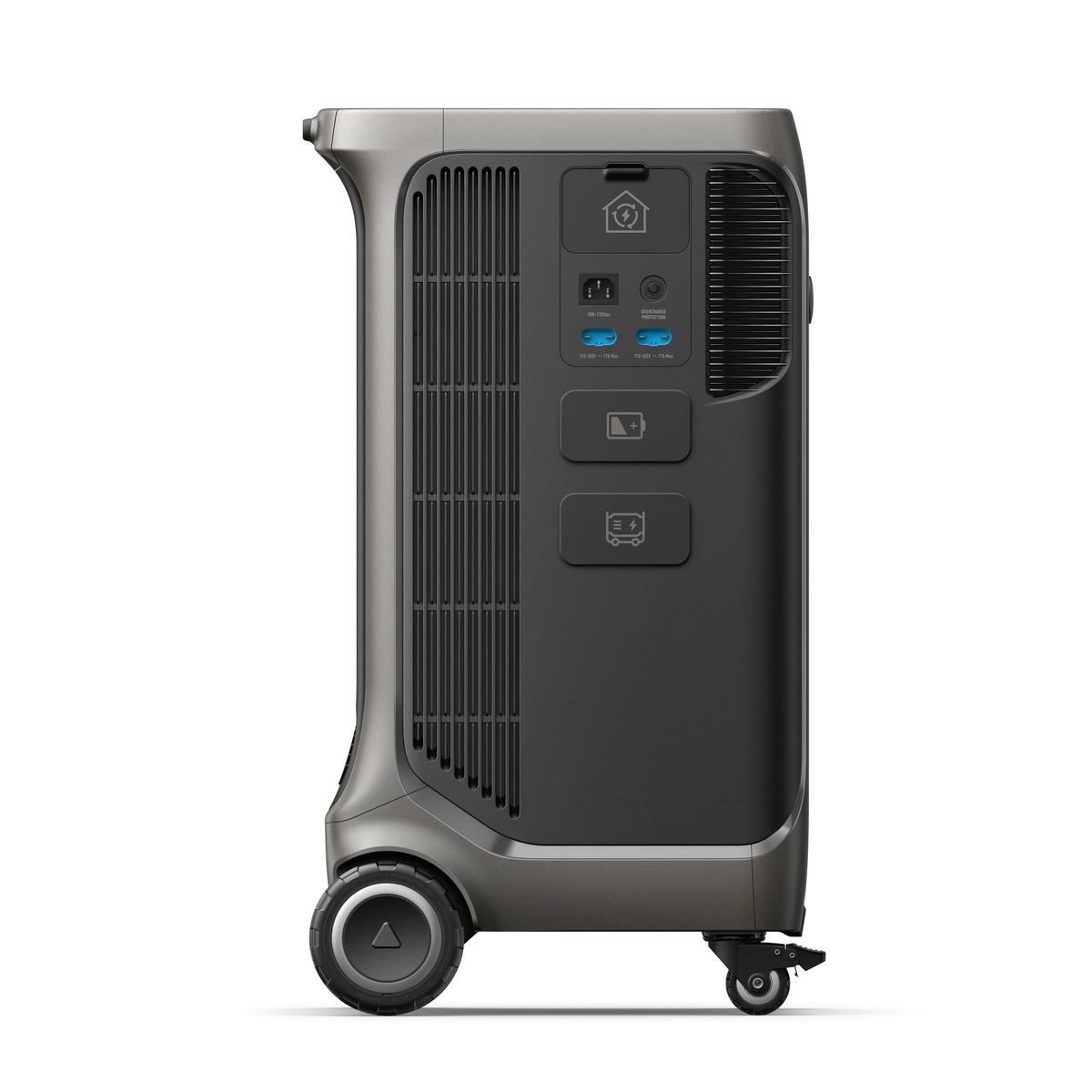 The Anker portable power station features ventilation grilles, side control buttons and ports, large rear wheels, a front caster for easy movement, and supports solar input for flexible backup power.
