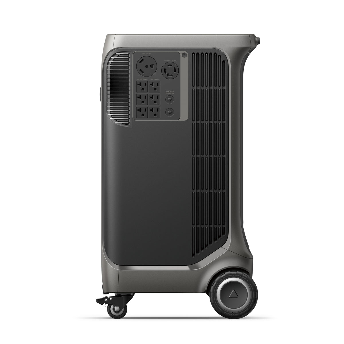 The image shows a side view of an Anker portable power station in black and gray, featuring multiple outlets, ventilation grills, solar charging input, and two wheels for easy transport.
