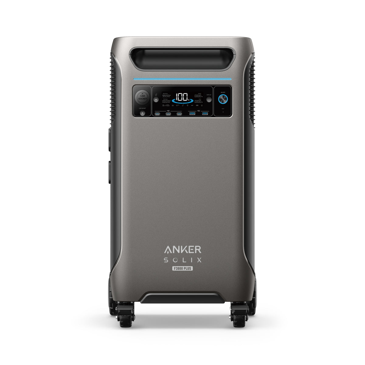 A metallic gray Anker portable power station features a digital display, control buttons, top handle, base wheels, plus front-panel power indicators, multiple connection ports, and solar input for convenient backup power.